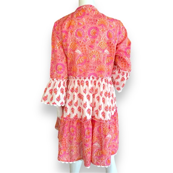 MEHER’S PINK/WHITE BOHO COTTON FLORAL RUFFLE DRESS. WOMEN SZ LARGE. NEW WITH TAG - Picture 3 of 10